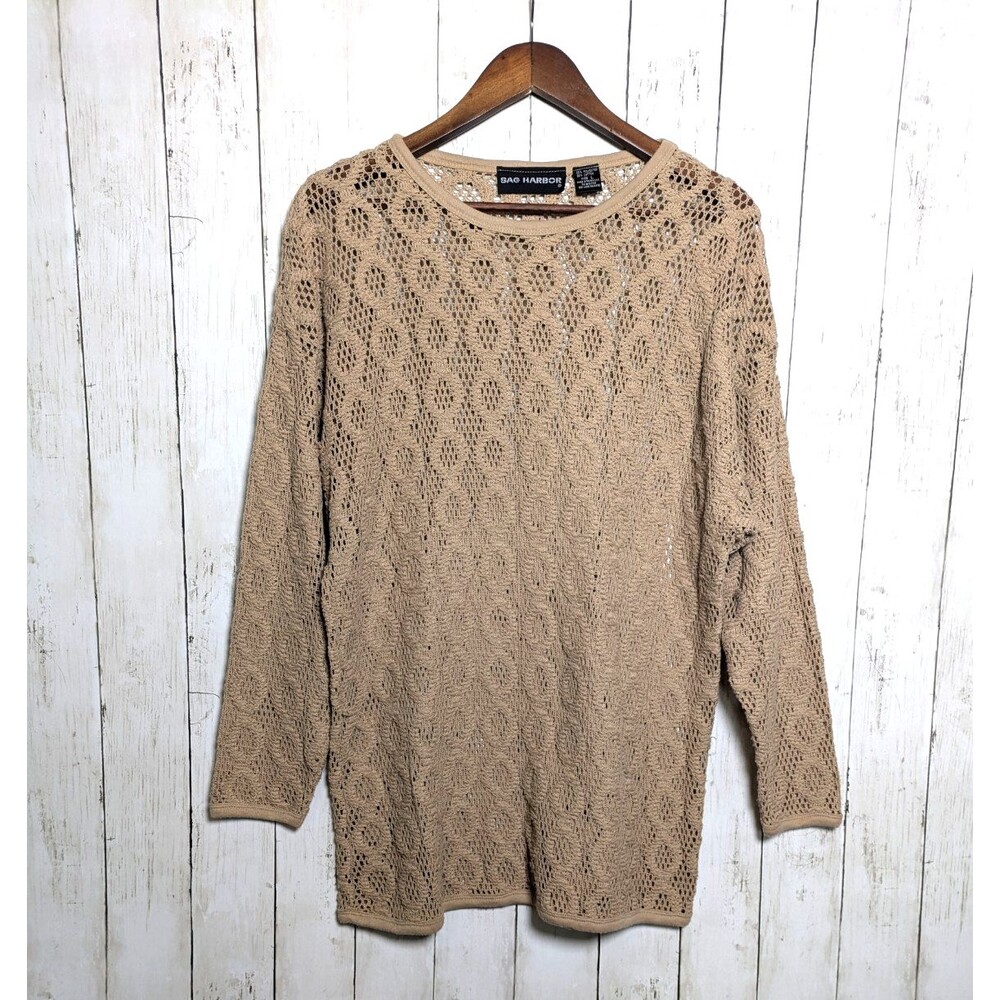 Sag Harbor Tan Crochet Knit Tunic Sweater Size Large Sheer Boho Cottagecore